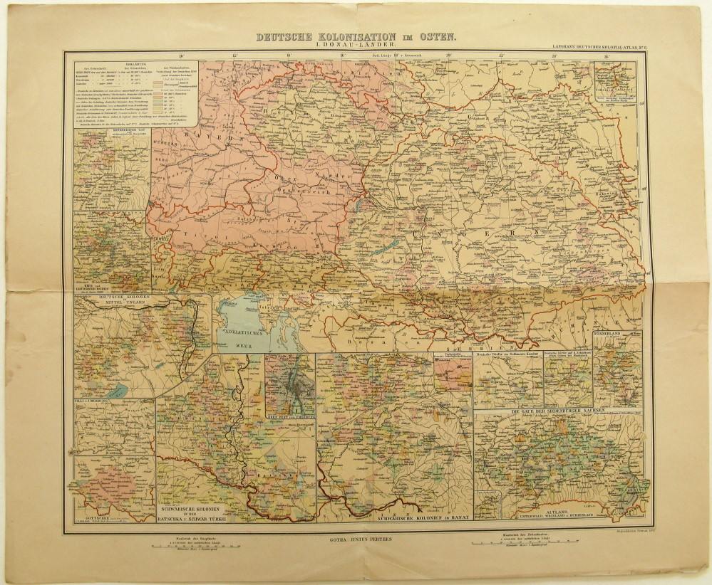 Donauschwaben - Karte Paul Langhans - Deutsche Kolonisation im Osten Donauländer. Kolonial-Atlas, Gotha, Justus Perthes, 1897.