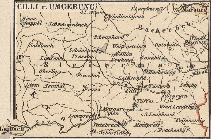 Karte von Cilli und Umgebung, Bacher Gebirge, Steiermark, Krain