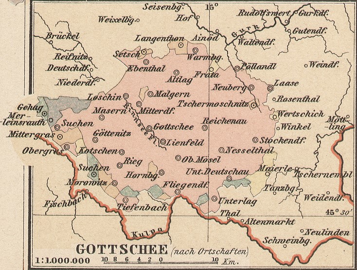 Gottscheer - Karte von Gottschee, Tiefenbach, Obergras, Mittergras, Gehag, Thal, Masen, Göttenitz, Lienfeld, Malgern, Altlag, Neuberg, Laase, Stockendorf, Nesselthal, Ober Mösel, Unter Deuschau, Fliegendorf