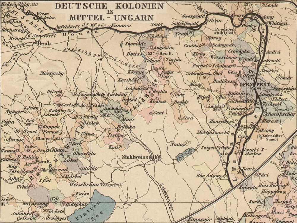 Ungarndeutsche - Karte der deutschen Kolonien in Mittel-Ungarn - Bakonywald, Schildberge, Raab, Herend, Marko, Stuhlweissenburg, Fleischhauer Strasse, Budaörs, I. Tschepel, S. Andräl,  Taath, Csolnok, Schanibeck, Wereschwar, Scholmar, Taksony