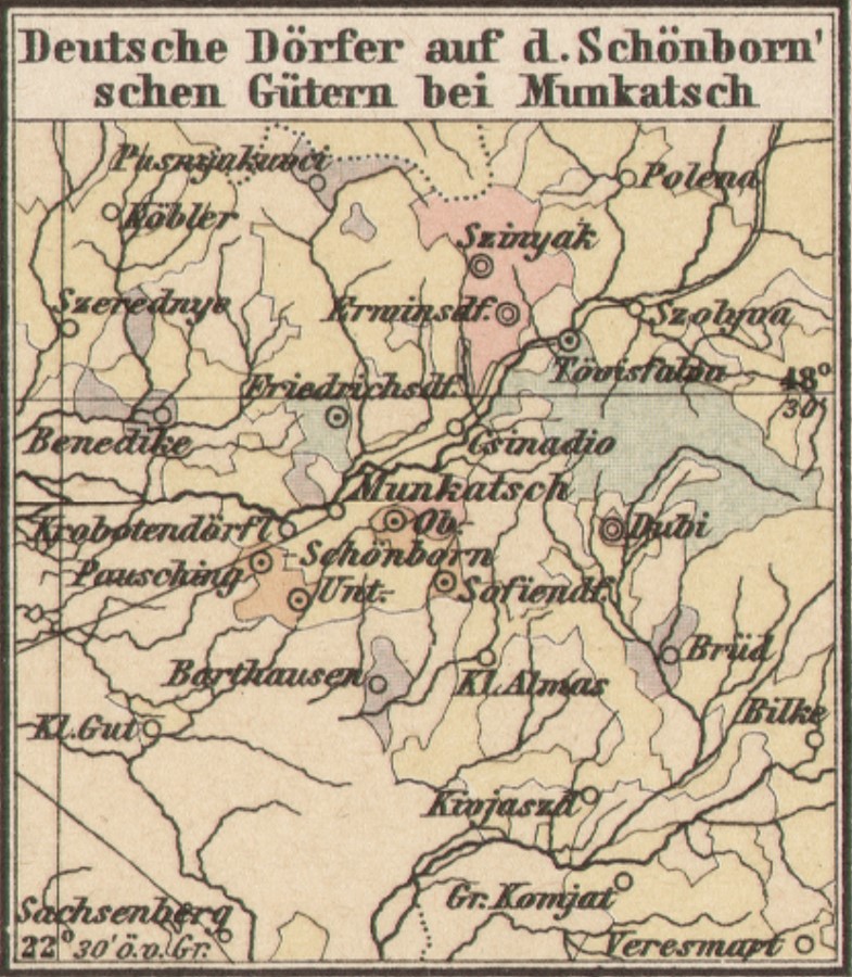 Karte der Schönbornschen Güter bei Munkatsch - Gut Schönborn, Munkatsch, Erminsdorf, Szinyak, Fridrichsdorf, Pausching, Safiendorf, Dubi
