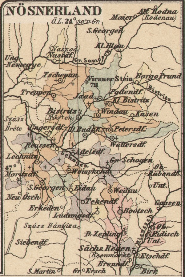 Nösnerland in Nord-Siebenbürgen  Karte von Tschepun, Treppen, Klein Bistritz, Windau, Dudak, Lechnitz, St. Georgen, Sächsisch Regen, Birk, Ober Eidisch, Petersdorf, Schagen, Gr. Samosch