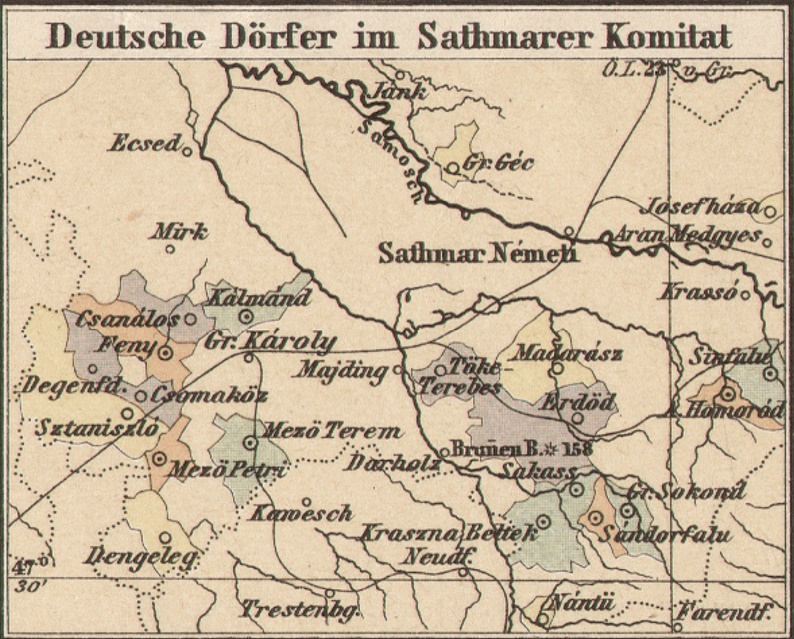 Deutsche im Komitat Sathmar, Karte vom Sathmarer Komitat - Sathmar Németi, Samosch, Gr. Károly, Mezö Petri, Kraszna Beltek, Sakass, Sandorfalu, Sinfalu, Homoród; Feny