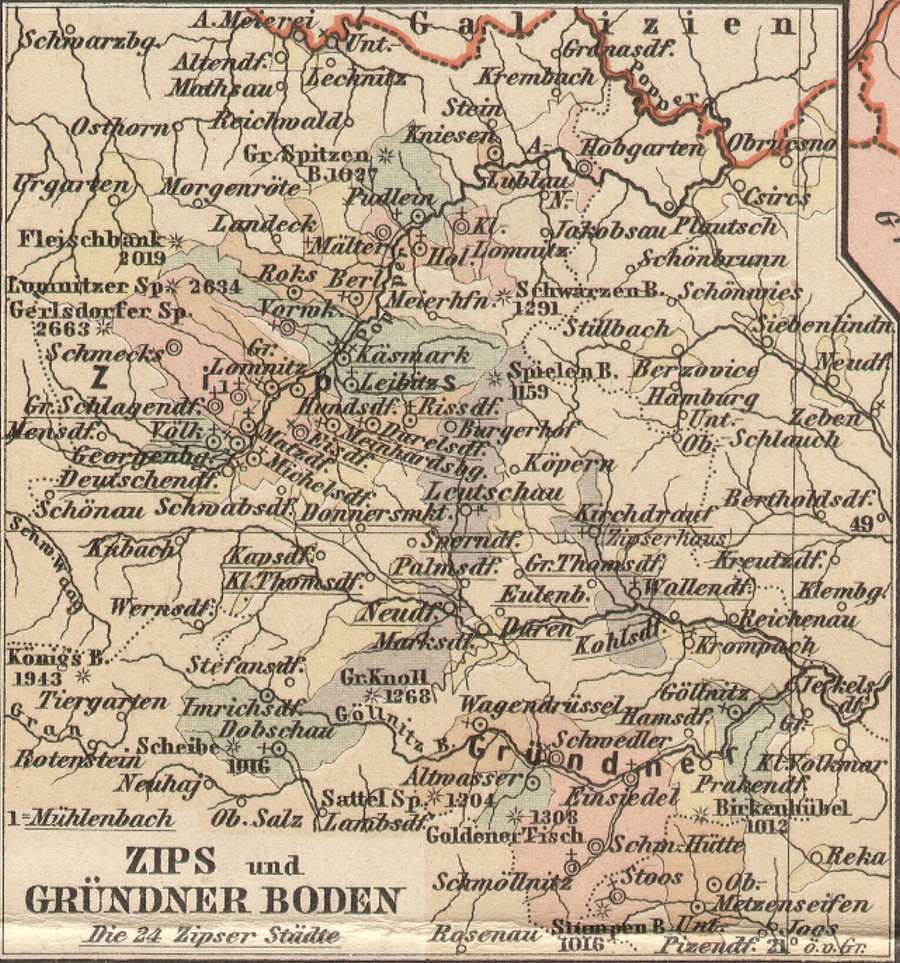 Zipser Deutsche, Karte von Zips und Gründner Boden und die 24 Zipser Städte.