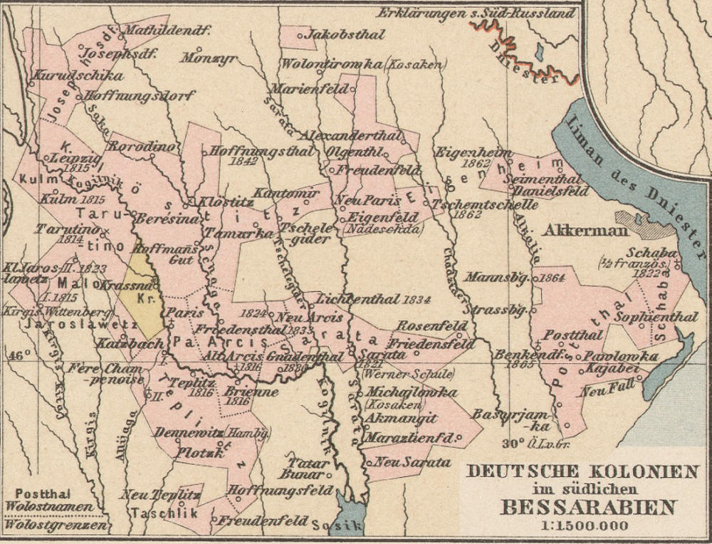 Bessarabiendeutsche - Karte der deutschen Kolonien im südlichen Bessarabien