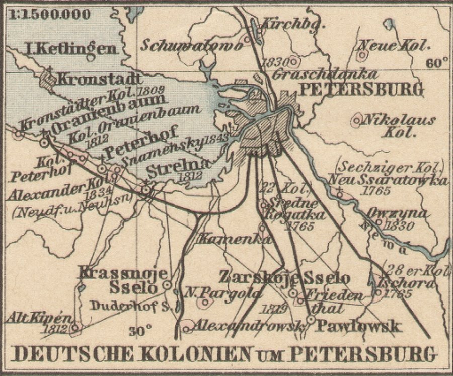 Rußlanddeutsche - Deutsche Kolonien um Petersburg - Kronstadt, Oranienbaum, Peterhof, Strelna, Krassnoje Sselo, Zarskoje Sselo, Pawlowsk, Owzyna, Kirchberg, Tschora, Alt Kipen