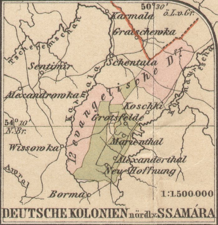 Mennoniten in Alt-Samara, Karte der deutschen Kolonien nördlich von Samara - Karmola, Grotsfelde, Marienthal, Alexanderthal, Neu Hoffnung, 12 zwölf evangelische Dörfer