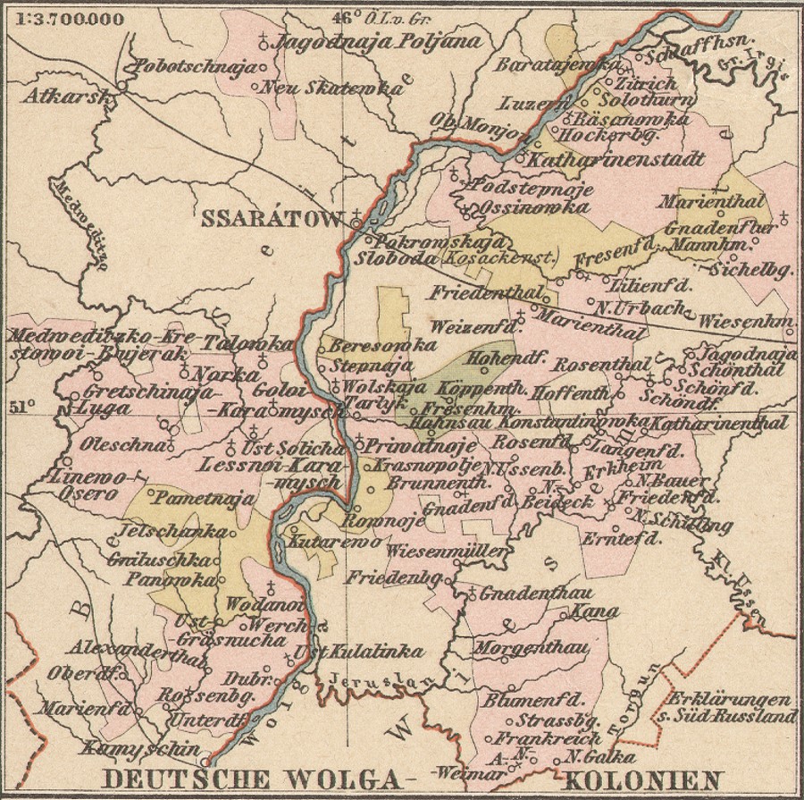 Deutsche Wolga-Kolonien - Ssarátow, Morgenthau, Blumenfeld, Strassburg, Frankreich, Friedenberg, Wiesenmüller, Erntefeld, Gnadenfeld, Beideck, Köppenthal, Fresenheim, Hahnsau, Brunnenthal, Lessnoi-Karamysch, Schaffhausen, Zürich, Solothurn, Luzern, Großer Irgis, Katharinenstadt, Weimar, Galka, Jeruslan