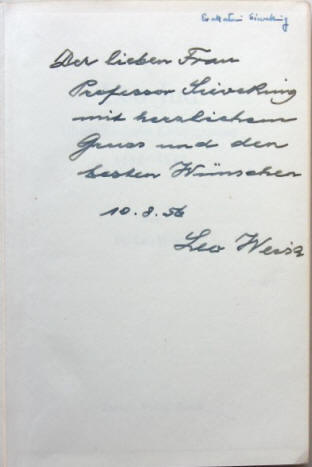 Leo Weisz, 1886-1966 in Zürich. Widmung an Evakatrin Sieveking, 1911-1987 in Hamburg.