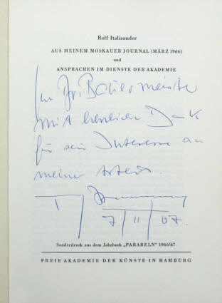 Rolf Italiaander Signatur und handschriftliche Widmung von 1967