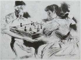 Jacques Villon chess players, etching from Les Estampes 1979.