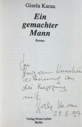 handschriftliche Widmung von Gisela Karau, 1932-2010, Berliner Schriftstellerin.