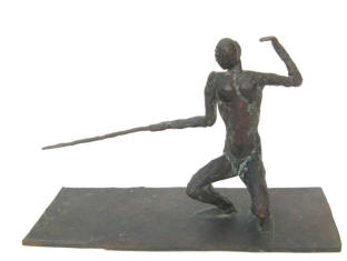"foil fencer" Seitenansicht vom Fechter in Grundstellung. Bronzeskulptur von der Stormarner  Künstlerin Elke Rehder.