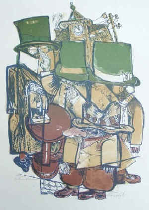 Dänzer, Eberhard   "Der Berufsverband". Signiert. Handsignierte farbige Original Lithographie.   Farblithographie von Eberhard Dänzer signiert. Motivgröße: 52 x 36 cm, Blattgröße: 59,5 x 42,5 cm. Auflage: Nr. 38 von 100 Exemplaren. Entstehungsjahr 1966. Originalgrafik auf Karton, auf der Vorderseite von Eberhard Dänzer handschriftlich betitelt. 