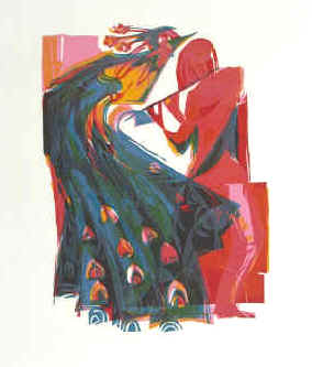 Lothar Weiss - Schönheit und Muse (Pfau und Flötenspieler), farbiger Holzschnitt als Geschenk für einen besonderen Tag im Februar 1989