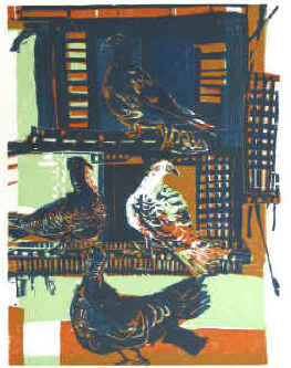 Wissa Wassef, pigeons in a reed basket by artist  Heinz Dress Holzschnitt Tauben im Korb 1991