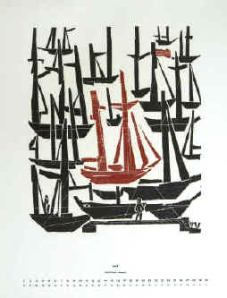 Segelschiffe, Segelboote- Original-Holzschnitt- Aquadrat vom Künstler Detlef Willand