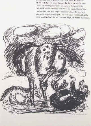 Künstler Robert Kirchner signierte Illustration Zeichnung zu Goethe Reineke Fuchs von 1966