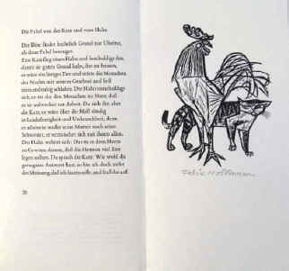 Felix Hoffmann Holzschnitt von 1967 zur Fabel von Aesop "Von der Katz und vom Hahn".