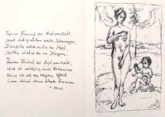 Der Künstler Robert Kirchner, Bad Kissingen 1974, signierte Lithografie zu Heinrich Heine Teurer Freund du bist verliebt.