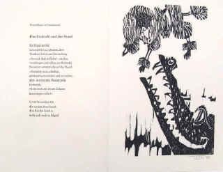 Pohl, Alfred / Samaniego, Felix Maria de "Das Krokodil und der Hund". Signiert. Fabel des spanischen Dichters Felix Maria de Samaniego ( 1745 - 1801 ) mit einem handsignierten Original-Holzschnitt von Alfred Pohl. 