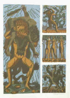 Went Strauchmann "Herakles und Antäos". Signiert. Handsignierter farbiger Original Linolschnitt mit 4 einzelnen Motiven von Went Strauchmann zu Gustav Schwab aus "Sagen des klassischen Altertums". 