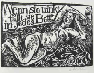 Eberlein, Klaus / Brecht, Bertolt "Wenn sie trinkt, fällt sie in jedes Bett". Signiert. Handsignierter Original Holzschnitt von Klaus Eberlein zu einem Gedicht von Bertolt Brecht aus "Gedichte über die Liebe".