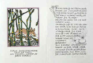 Helga Marxmüller Holzschnitt von 2000 zum Thema Pilze. Durch Schachtelhalme geht die Maus.