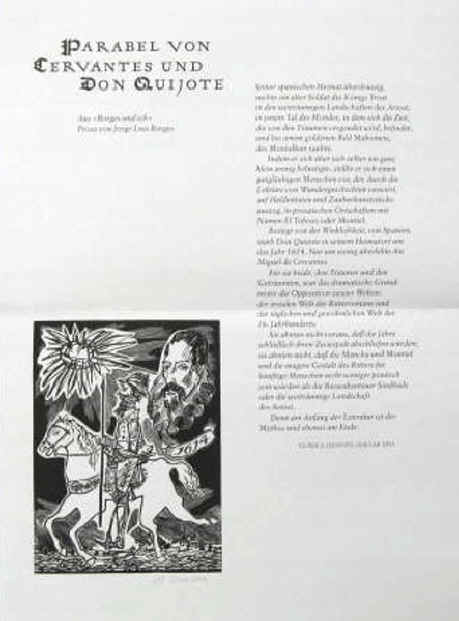 Brylka, Andreas -  Borges, Jorge Luis. "Die Parabel von Cervantes und Don Quijote (Quichote)". Signiert. Handsignierter Original Holzstich von Andreas Brylka zu Jorge Luis Borges.  