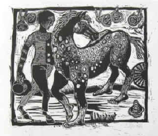 Irmtraud Knoth,  Linolschnitt von 2001 zu  Peter Paul Althaus Gedicht In der Traumstadt träumt ein Pferd.