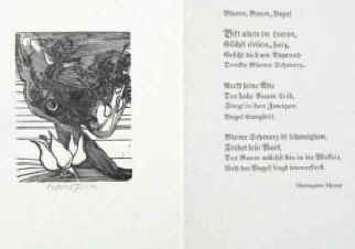 Würfel, Wolfgang, geb. 1932 / Hesse, Hermann  "Blume, Baum, Vogel". Signiert. Handsignierter Original Holzstich von Wolfgang Würfel zu einem Gedicht von Hermann Hesse. 