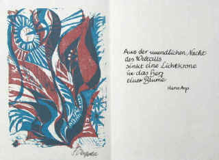 Schefold, Ruth, geb. 1928 / Arp, Hans (Jean Arp) "Einer Blume". Signiert. Handsignierter farbiger Original Linolschnitt von Ruth Schefold zu einem Gedicht von Hans Arp (Jean Arp). 