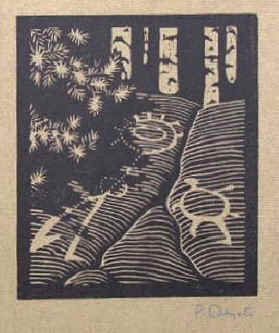 Dengate, Patrick, geb. 1960 in den USA "Woodland Petroglyphs". Signiert. Handsignierter Original Holzschnitt von Patrick Dengate. 