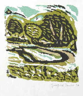 Teuber, Gottfried, geb. 1937 "Weiher unter Bäumen". Signiert. Handsignierter farbiger Original Linolschnitt von Gottfried Teuber.