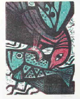 Zimmer, Erich, geb. 1908 "Vogel und Fisch". Signiert. Handsignierter farbiger Original Holzschnitt von Erich Zimmer. Holzschneider in Göttingen