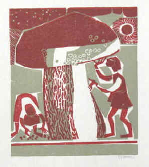 Zimmer, Erich, geb. 1908 "Pilzsammler". Signiert. Handsignierter farbiger Original Holzschnitt von Erich Zimmer, geboren 1908, Künstler in Göttingen