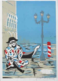 Jubel Bartosch: Venedig. Linolschnitt signiert 1999.