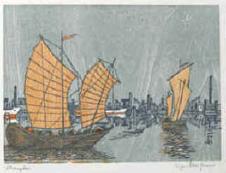 Mühlner, Christian (1916-2008) "Shanghai". Signiert. Handsignierter farbiger Original Holzschnitt von Christian Mühlner.