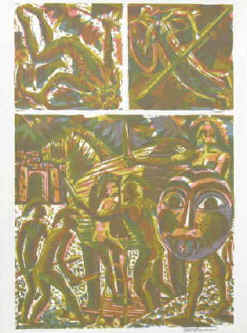 Went Strauchmann "Trojanisches Pferd". Signiert. Handsignierter farbiger Original Linolschnitt in 3 Motiven von Went Strauchmann.