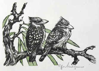 Mühlner, Christian (1916-2008)  "Kookaburra sits in the old gum tree". Signiert. Handsignierter farbiger Original Holzschnitt von Christian Mühlner zu einem überlieferten Gedicht / Lied.