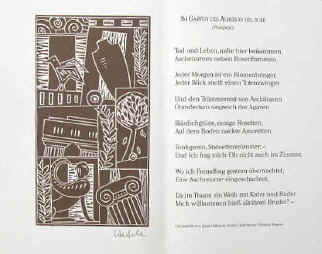 Hefele, Ignaz / Wagner, Christian "Im Garten des Albergo del Sole, Pompeji". Signiert. Handsignierter Original Linolschnitt von Ignaz Hefele zu einem Gedicht von Christian Wagner. 