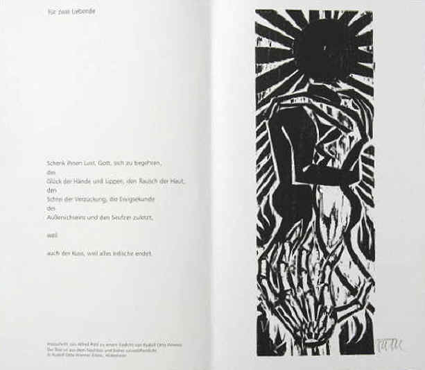 Pohl, Alfred, geb. 1928 / Wiemer, Rudolf Otto "Zwei Liebende". Signiert. Handsignierter Original Holzschnitt von Alfred Pohl zu einem Gedicht von Rudolf Otto Wiemer. 