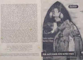 Der Göckner von Notre Dame. Nach dem Roman von Victor Hugo. Originaltitek: The Hunchback of Notre Dame ( Illustrierte ) Film-Bühne 3. Jahrgang Nr. 29, München ( copyright 1939, kam 1949 in die deutschen Kinos ). 4 Seiten mit Fotos in Kupfertiefdruck. Regie: William Dieterle. Musik: Alfred Newman. Mit Charles Laughton, Maureen O'Hara, Sir Cedric Hardwicke, Thomas Mitchell, Edmond O'Brian