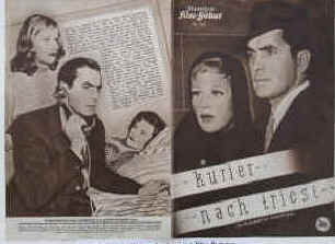 Kurier nach Triest ( Diplomatic Courier ).Nach der Novelle " Sinister Errand " von Peter Cheyney.  Illustrierte Film-Bühne Nr. 1615, München ( 1952 ). 4 Seiten mit Fotos in Kupfertiefdruck. Regie: Henry Hathaway. Musik: Sol Kaplan. Mit Tyrone Power, Hildegard Knef, Patricia Neal, Stephen McNally, Karl Malden