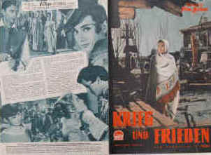 Krieg und Frieden ( War and Peace ). Nach dem Roman von Leo Tolstoi.  Illustrierte Film-Bühne Nr. 3622, München ( 1956 / 1957 ). Farbiges Front Cover. 4 Seiten mit Fotos in Kupfertiefdruck. Regie: King Vidor. Musik: Nino Rota. Mit Audrey Hepburn, Henry Fonda, Mel Ferrer, Anita Ekberg