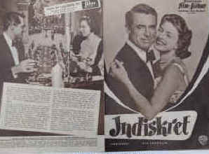 ndiskret.  Illustrierte Film-Bühne Nr. 4601, München ( 1958 ). 4 Seiten mit Fotos in Kupfertiefdruck. Regie: Stanley Donen. Musik: Richard Bennett und Ken Jones. Mit Cary Grant, Ingrid Bergman