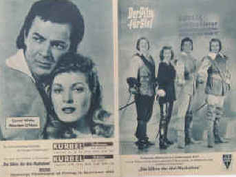 Die Söhne der drei Musketiere ( Sons of the Musketeers ).  Kurbel Filmtheater am Nobistor, Hamburg ( 1952 ). 4 Seiten mit 7 Fotos in Kupfertiefdruck. Regie: Lewis Allen. Mit Cornel Wilde, Maureen O'Hara, Robert Douglas, Gladys Cooper, Alan Hale