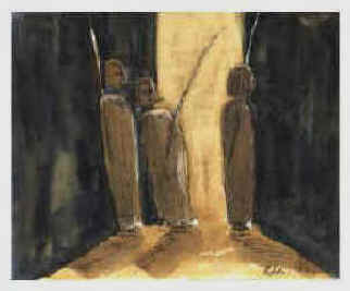 Drei Figuren Kafkaesk, Gemälde von Elke Rehder.