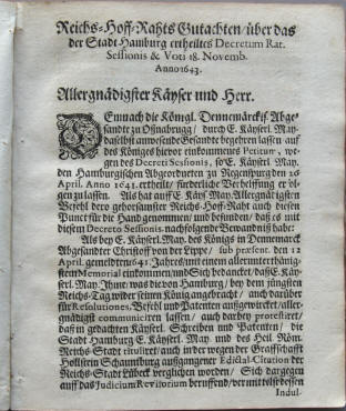 Stadt Hamburg Reichs Gutachten von 1643.