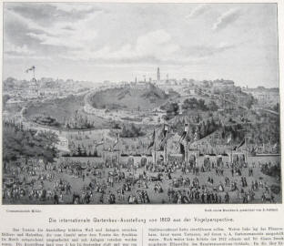 Internationale Gartenbauausstellung in Hamburg 1869 aus der Vogelperspektive.